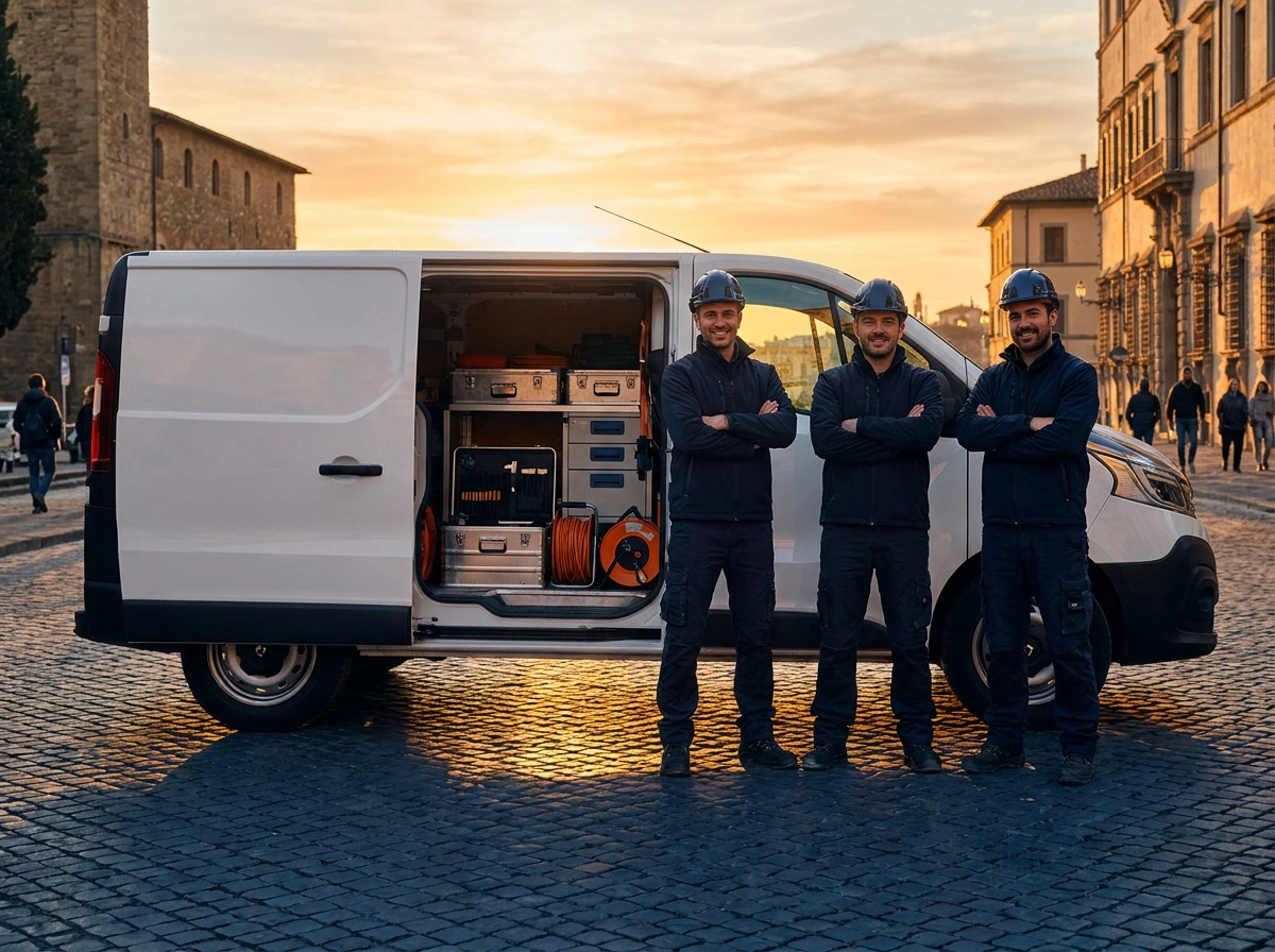 Servis aracının önünde ekipmanlarıyla duran teknik ekip