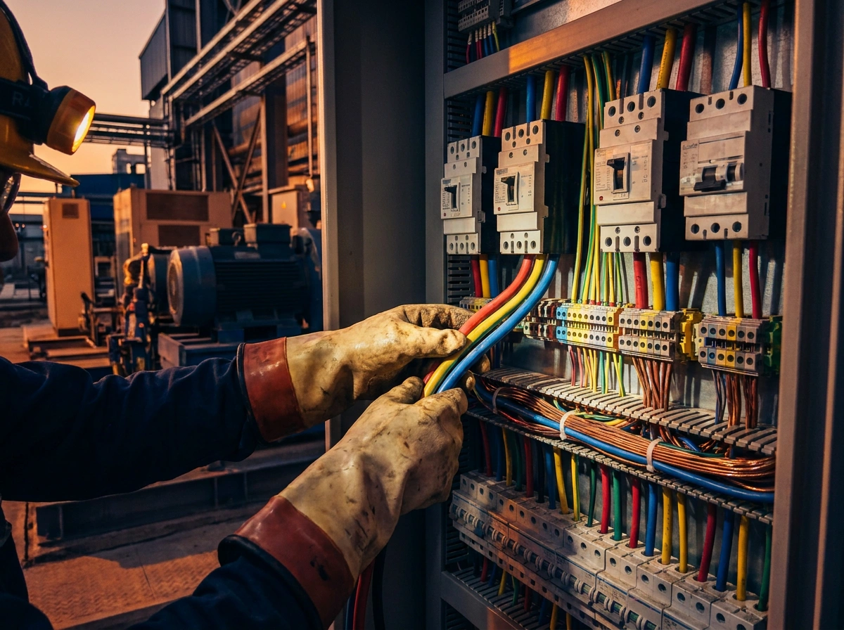 Elektrik panosunda çalışan elektrikçi